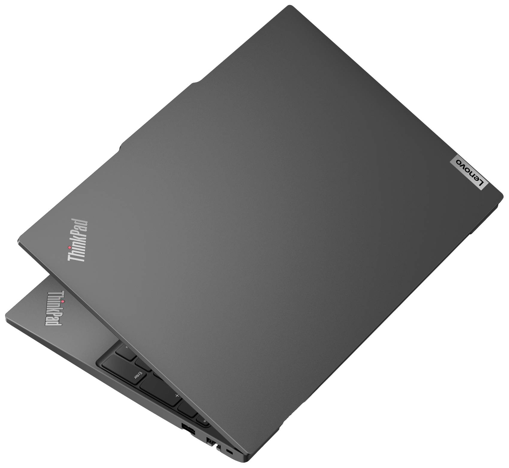 Un laptop ThinkPad chiuso, di colore grigio, con un design minimale e un logo del produttore visibile sulla superficie.