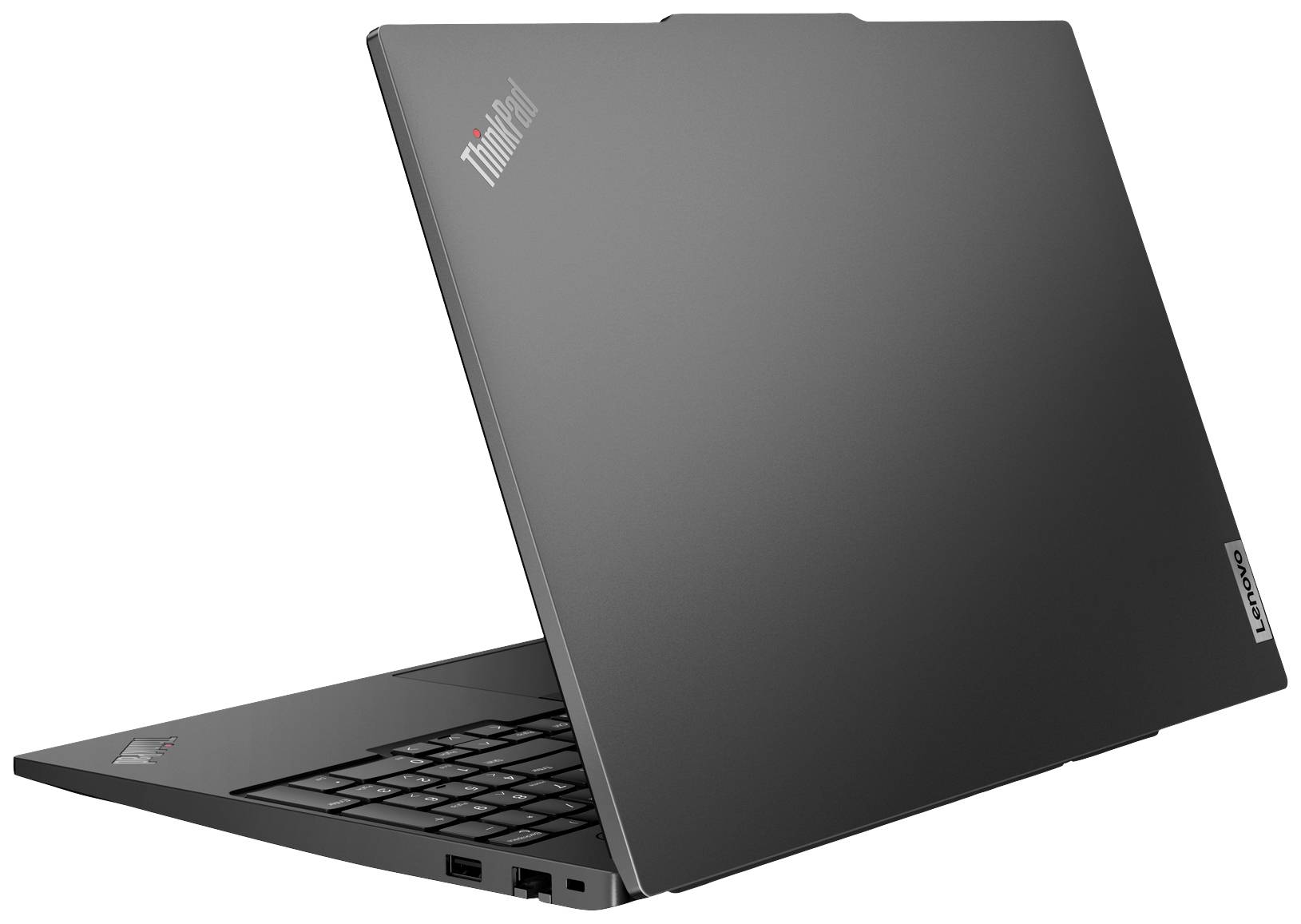 Un laptop grigio visto da dietro, marca Lenovo, modello ThinkPad. Il dispositivo è leggermente aperto, mostra la tastiera e le porte laterali.