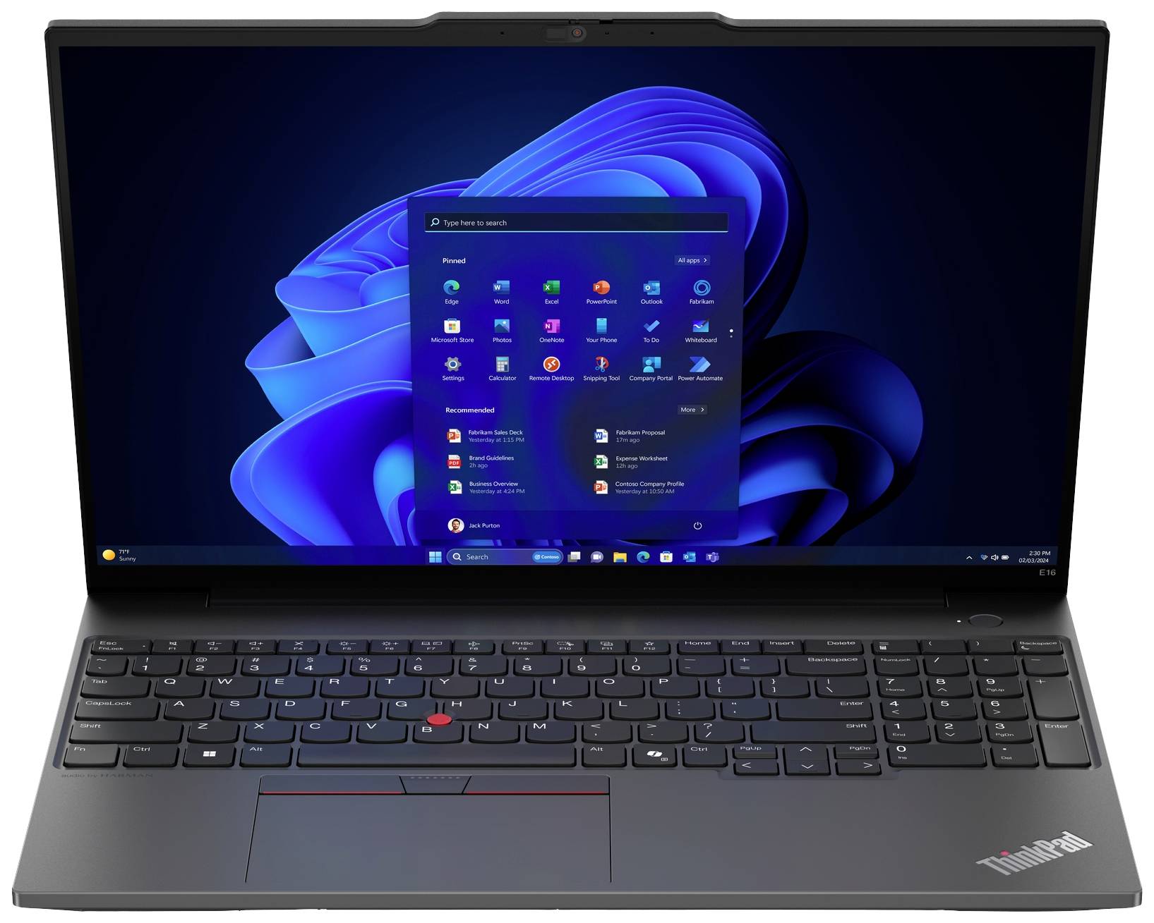 Laptop con la vista dell'app di avvio di Windows 11 aperta sullo schermo. Chassis nero con trackpoint rosso sulla tastiera.
