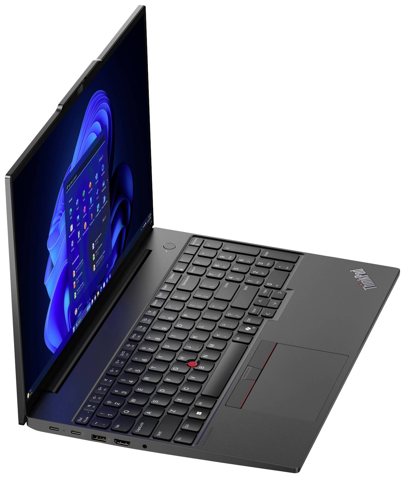 Laptop, vista leggermente laterale. Mostra lo schermo aperto con interfaccia Windows e tastiera con TrackPoint.