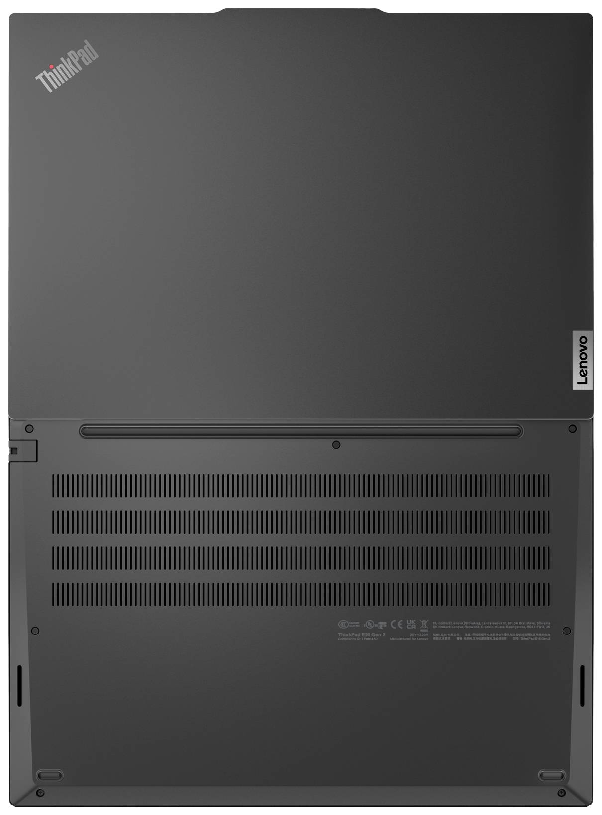 Retro di un laptop nero con loghi 'ThinkPad' e 'Lenovo', fessure di ventilazione visibili; design semplice e funzionale.