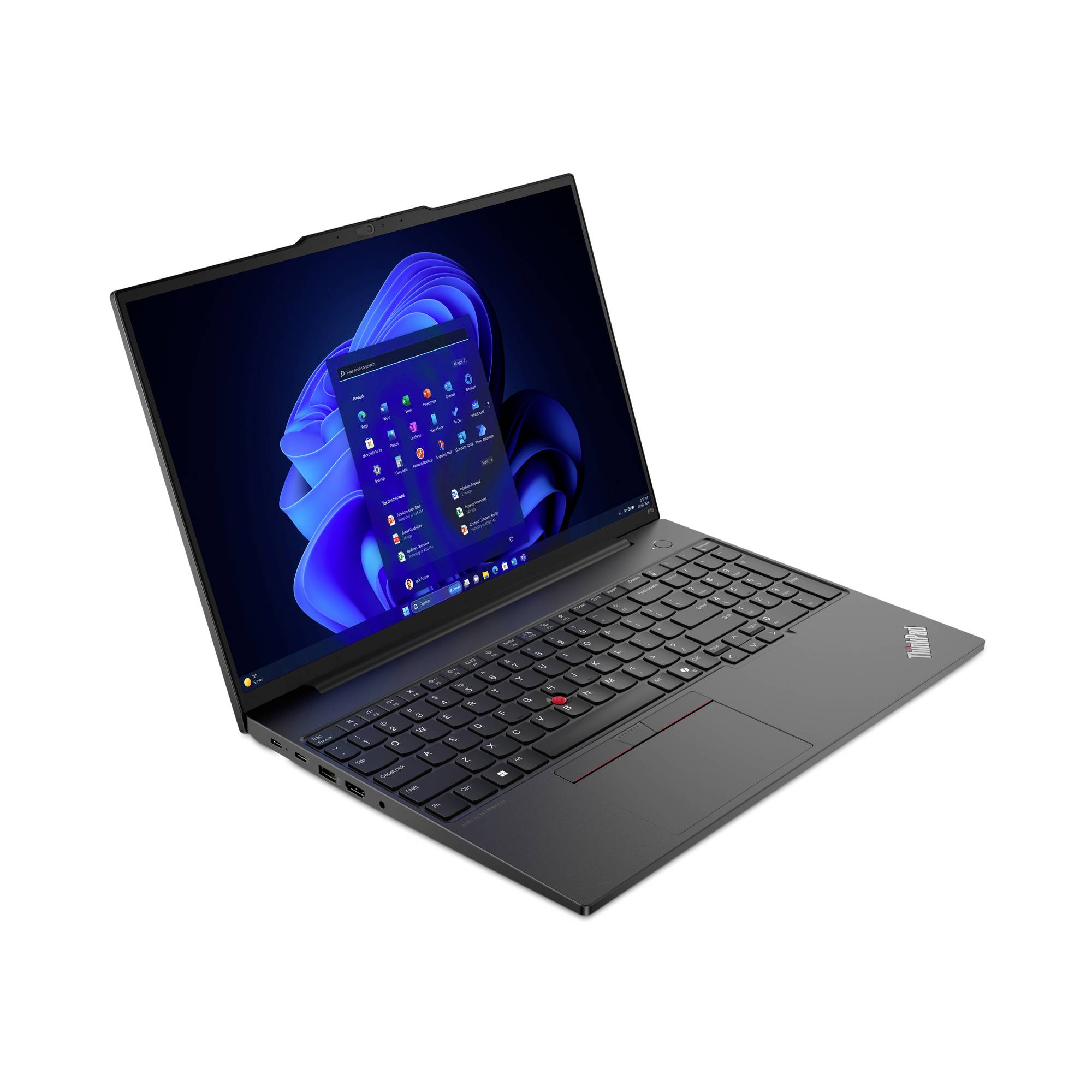 Un laptop moderno con schermo aperto mostra l'interfaccia utente di Windows. Il design è snello e minimalista.