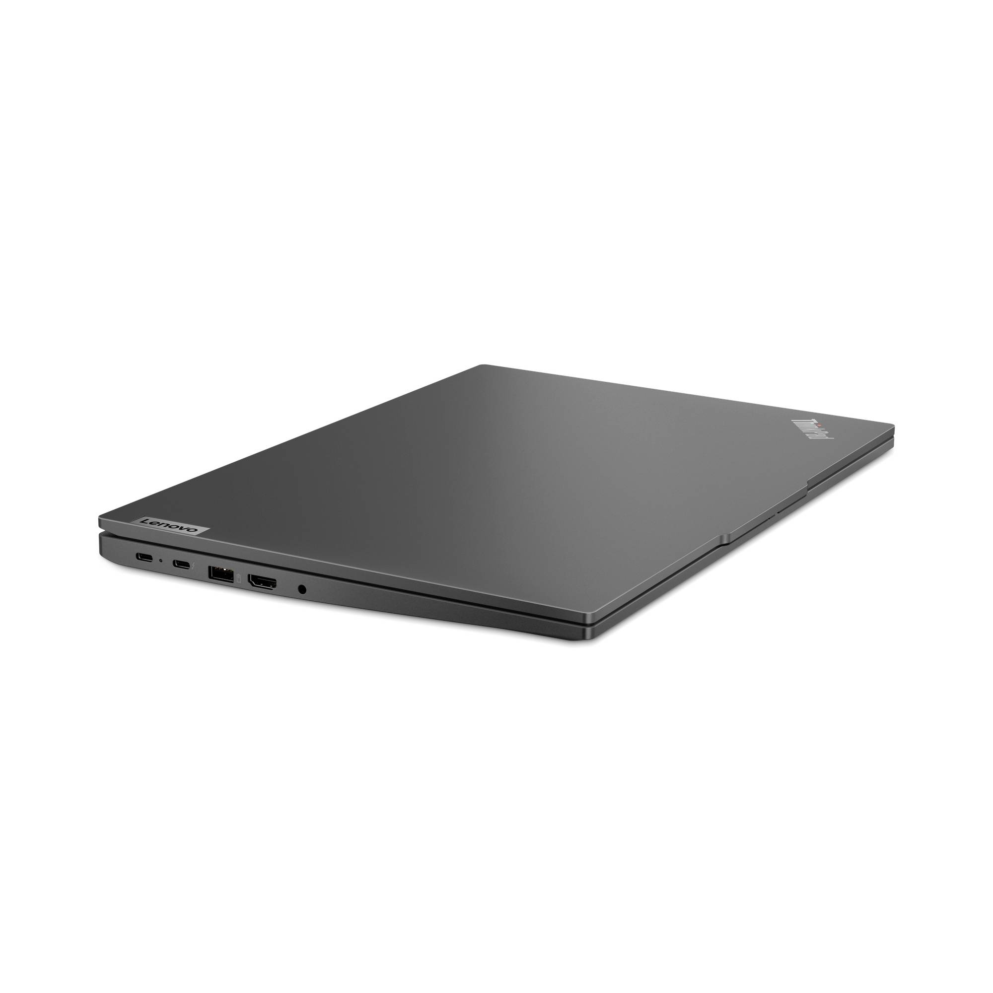 Laptop chiuso di lato, che mostra il logo del marchio e le porte di connessione.