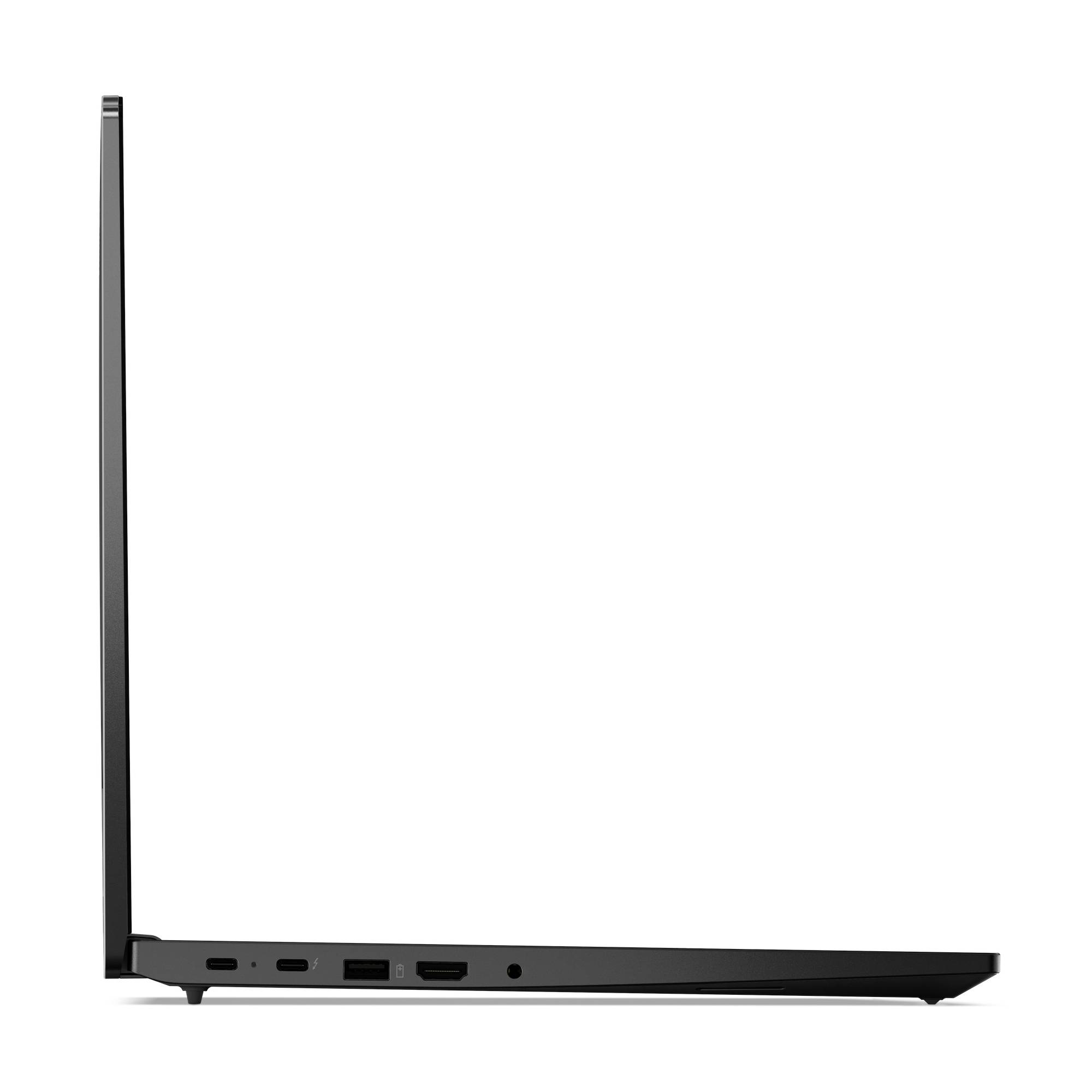 Laptop in vista laterale, parzialmente aperto, di colore nero, con diverse porte di connessione visibili.