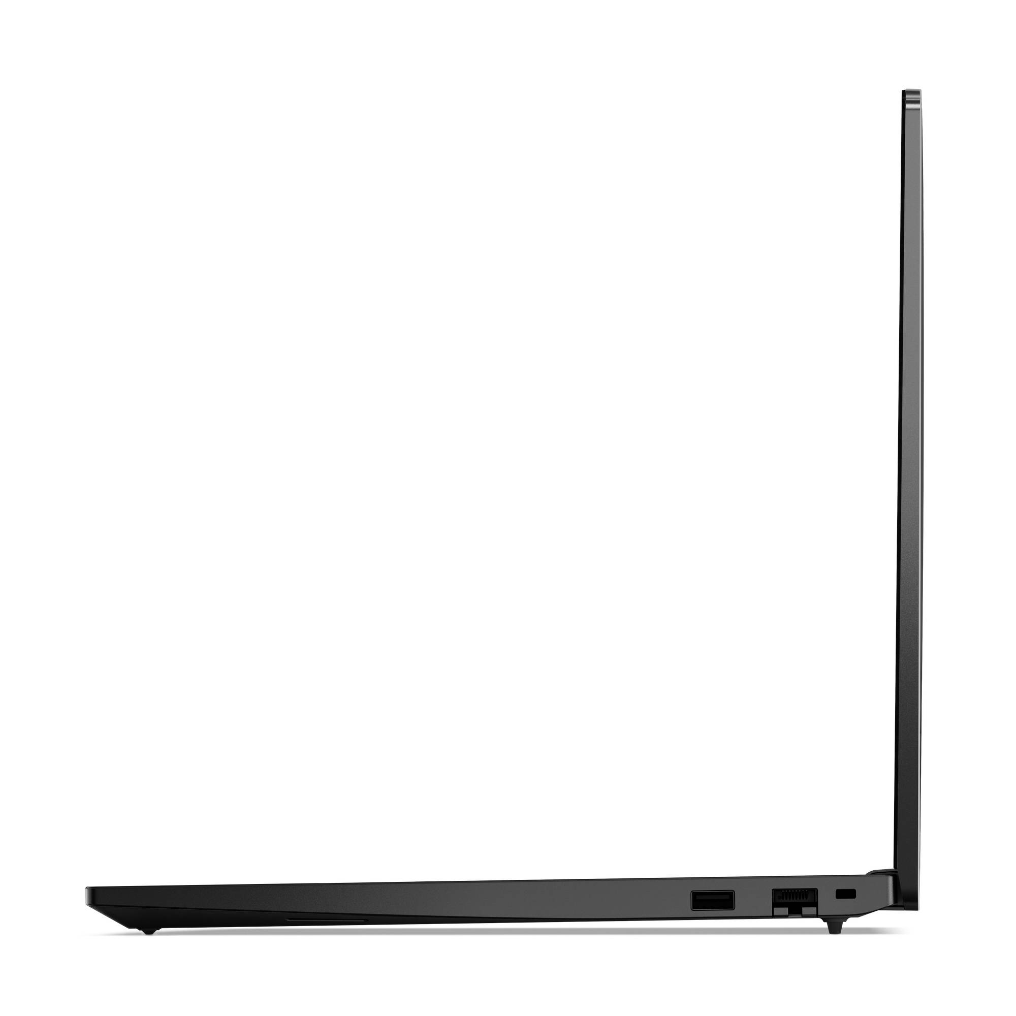 Laptop aperto visto di lato, che mostra il design sottile e diverse porte di connessione, su sfondo bianco.