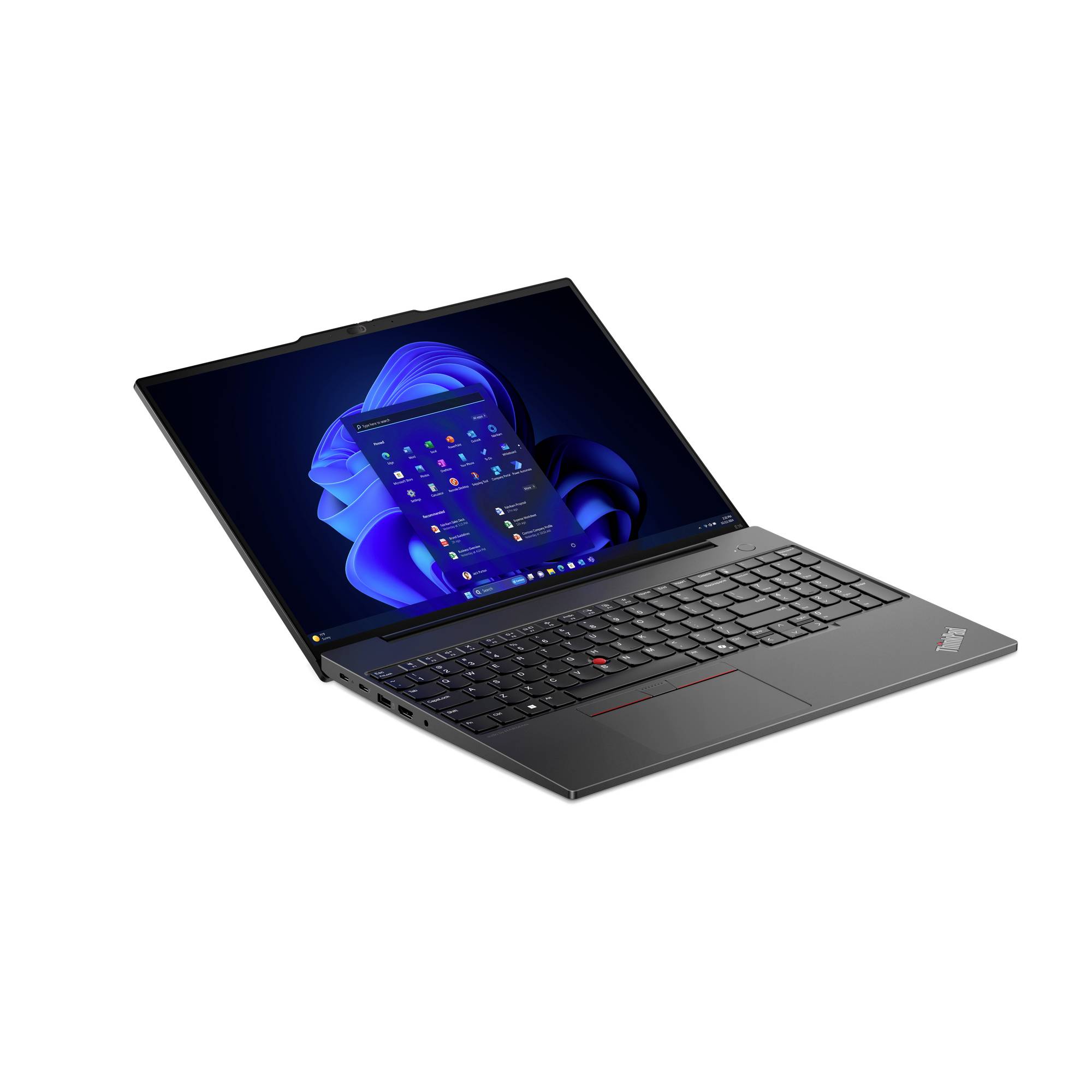 Un laptop moderno con schermata di avvio di Windows. La tastiera ha un TrackPoint rosso. Il dispositivo è sottile e nero.