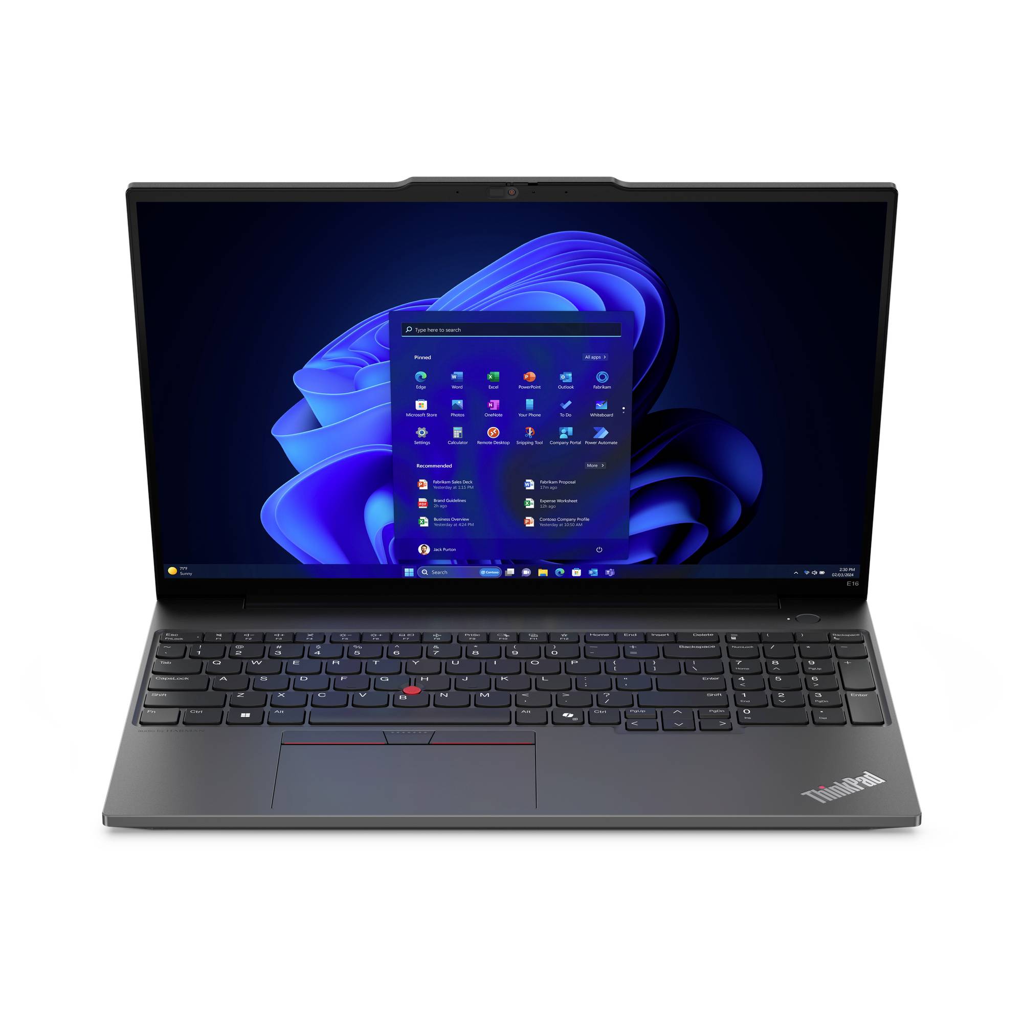 Un laptop aperto con schermo acceso che mostra il desktop virtuale di Windows 11. Il dispositivo ha una tastiera nera.