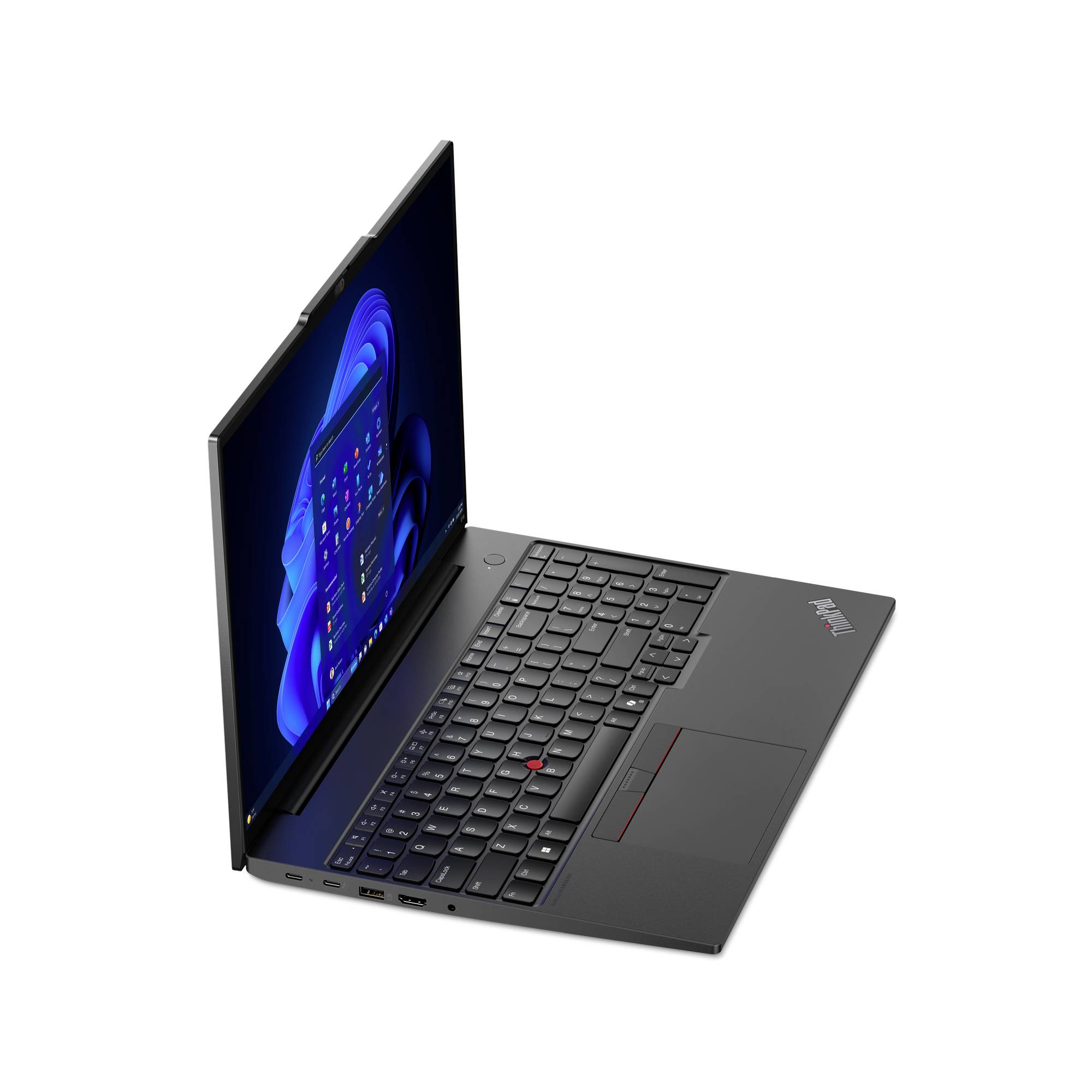 Un laptop nero, parzialmente aperto, con uno schermo illuminato che mostra un sistema operativo. La tastiera è completamente visibile.