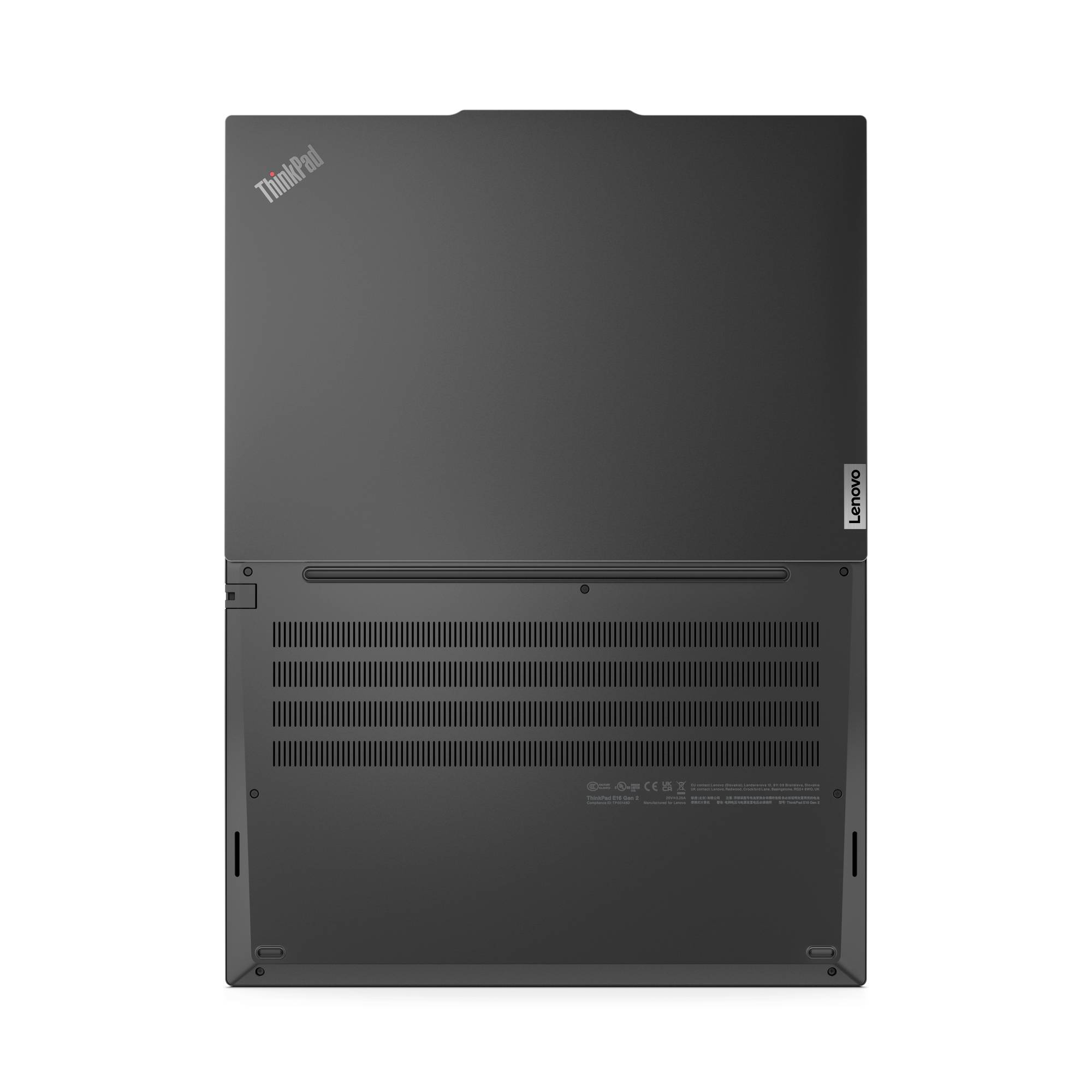 Il lato inferiore di un laptop con una griglia di ventilazione e loghi del marchio.