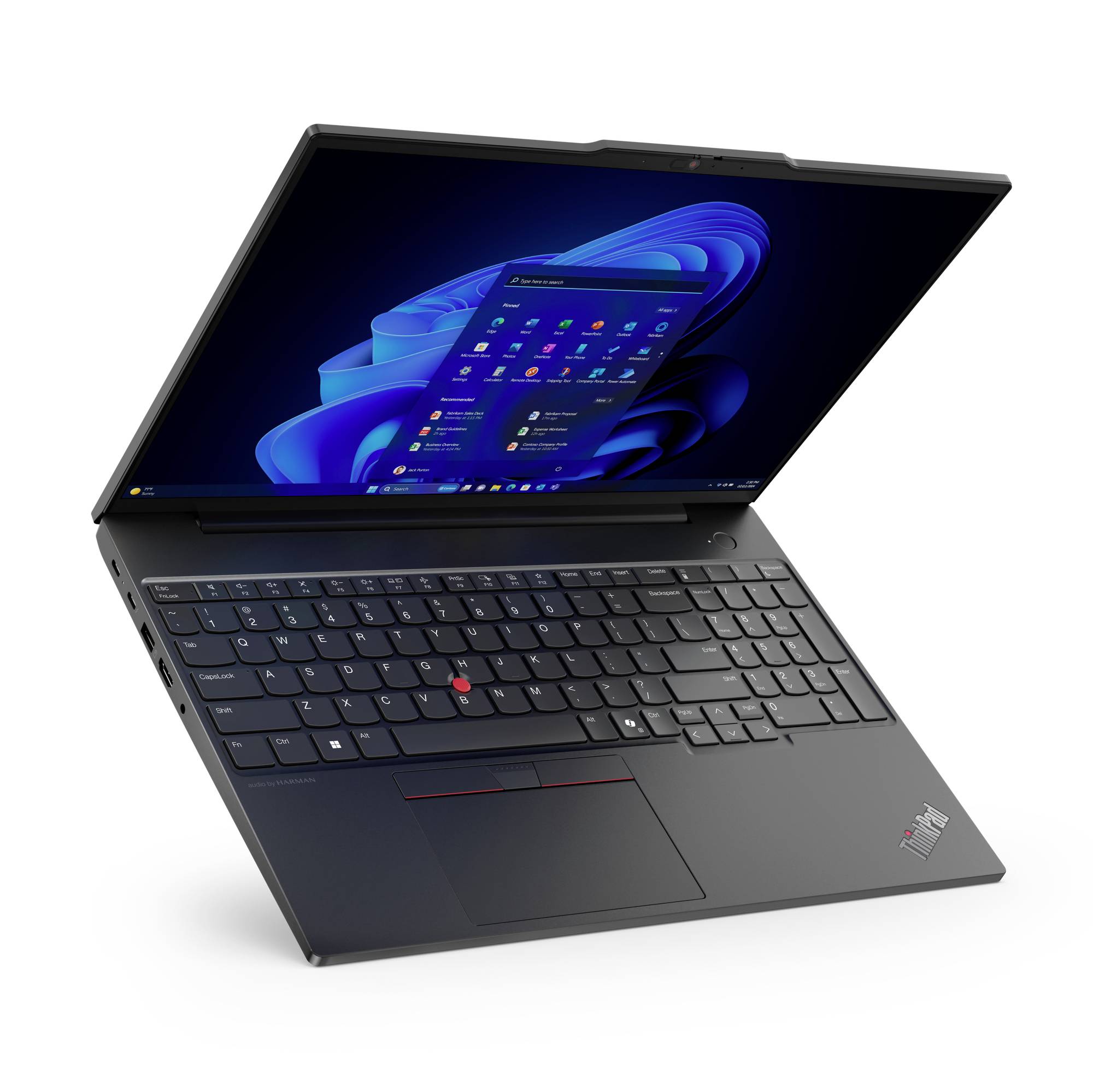 Un laptop nero con l'interfaccia Windows aperta sullo schermo, che mostra il menu di avvio con diversi simboli di app.