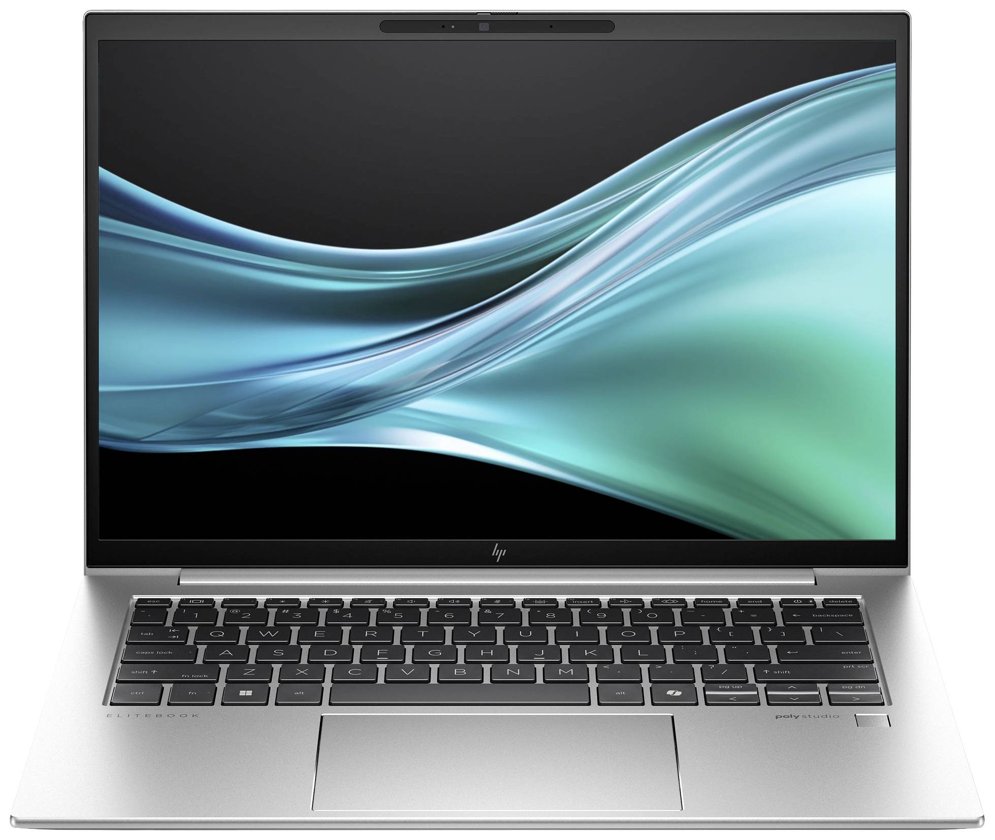 Laptop argentato con schermo aperto, su cui sono visibili grafici blu ondulati. La tastiera è visibile sullo sfondo.