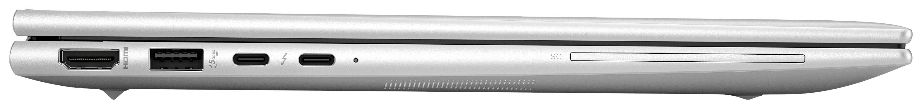 Laptop chiuso, visto di lato, con porte USB e lettore CD visibili.