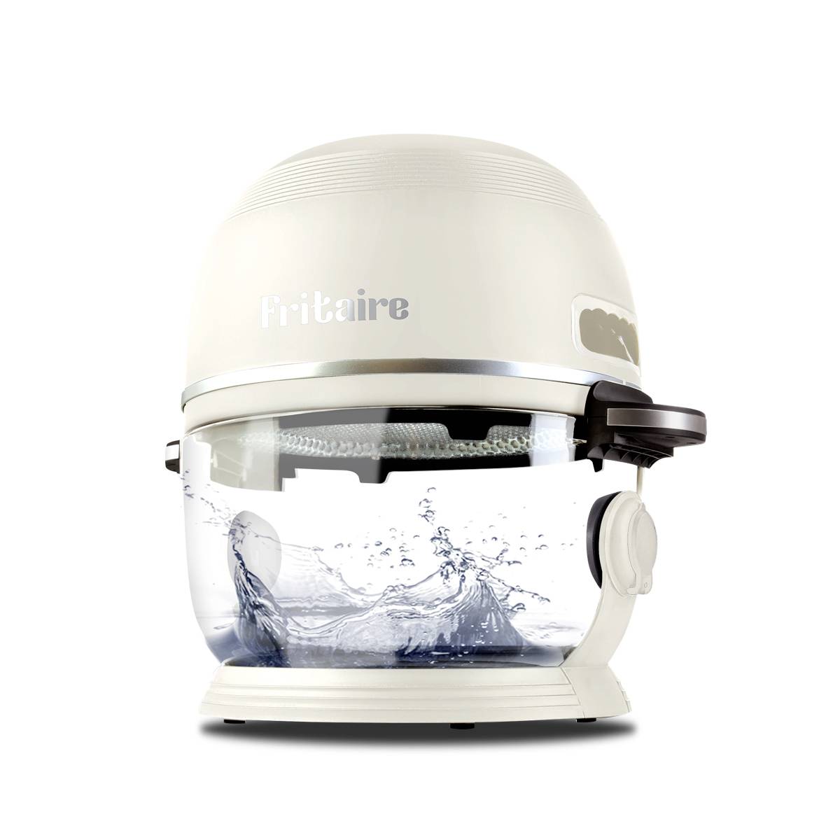 'Fritaire' friggitrice ad aria con contenitore trasparente su sfondo bianco, mostra acqua spruzzata per la funzione vapore.