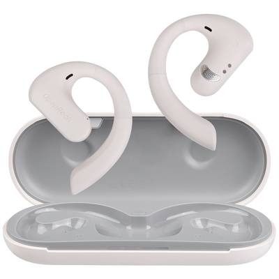 Auricolari wireless con design ad aggancio auricolare in una custodia di ricarica aperta. Gli auricolari sono ergonomici e adatti ad attività sportive.
