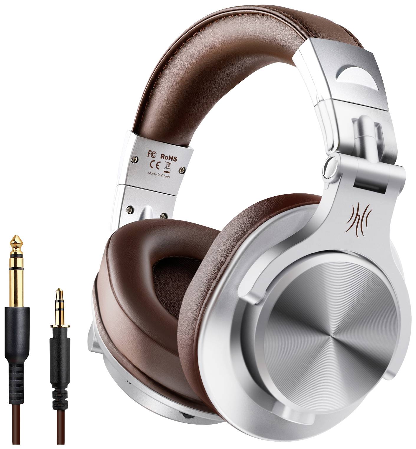 Cuffie over-ear marroni e argentate con cavi. Ideali per godere della musica.