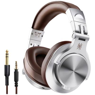 Cuffie over-ear marroni e argentate con cavi. Ideali per godere della musica.