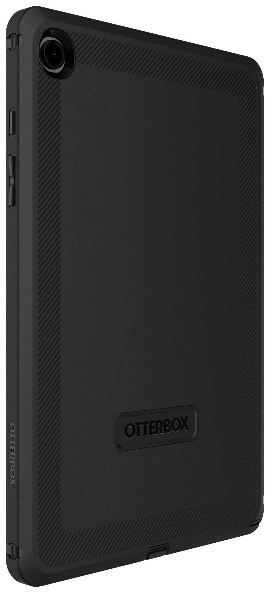 Custodia per tablet OtterBox nera in posizione verticale, mostra il ritaglio della fotocamera in alto a sinistra e un design strutturato.