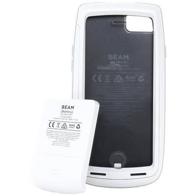 Cover bianco per smartphone con batteria integrata, lateralmente è visibile la batteria. Sono stampati i marchi CE e RoHS.