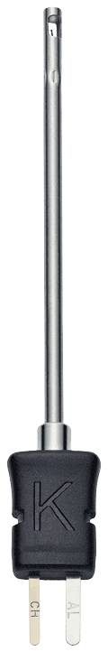 Sensore di temperatura con sonda sottile in metallo e impugnatura nera in plastica contrassegnata con 'K', con connettore metallico all'estremità.