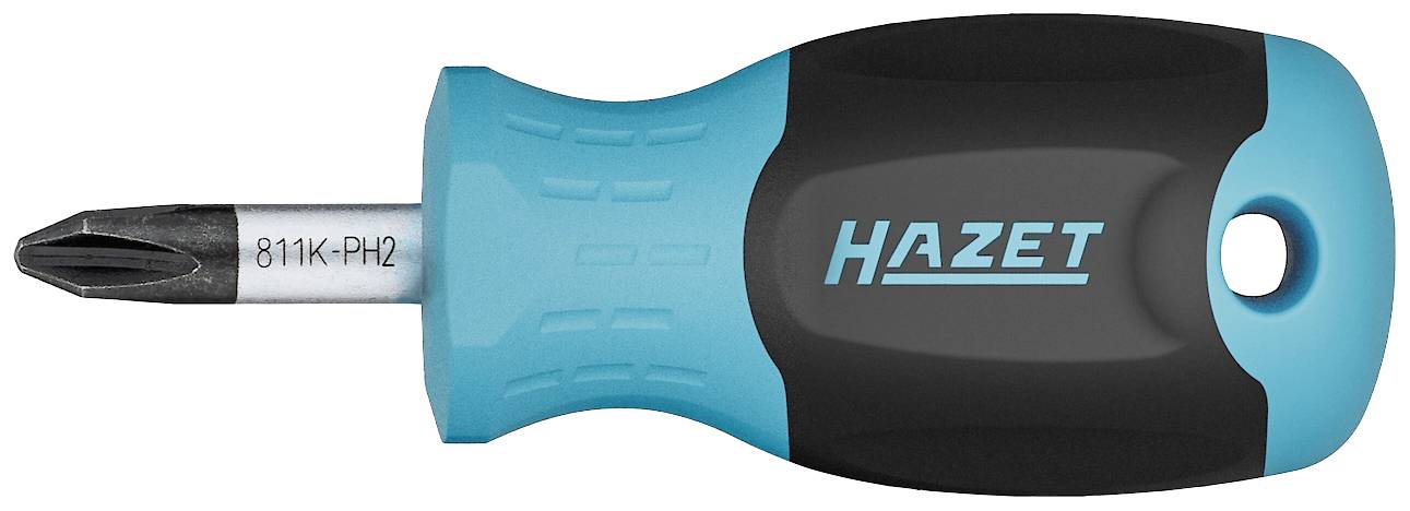Un cacciavite con impugnatura blu-nera e punta a croce. La scritta sull'impugnatura recita 'HAZET 811K-PH2'.