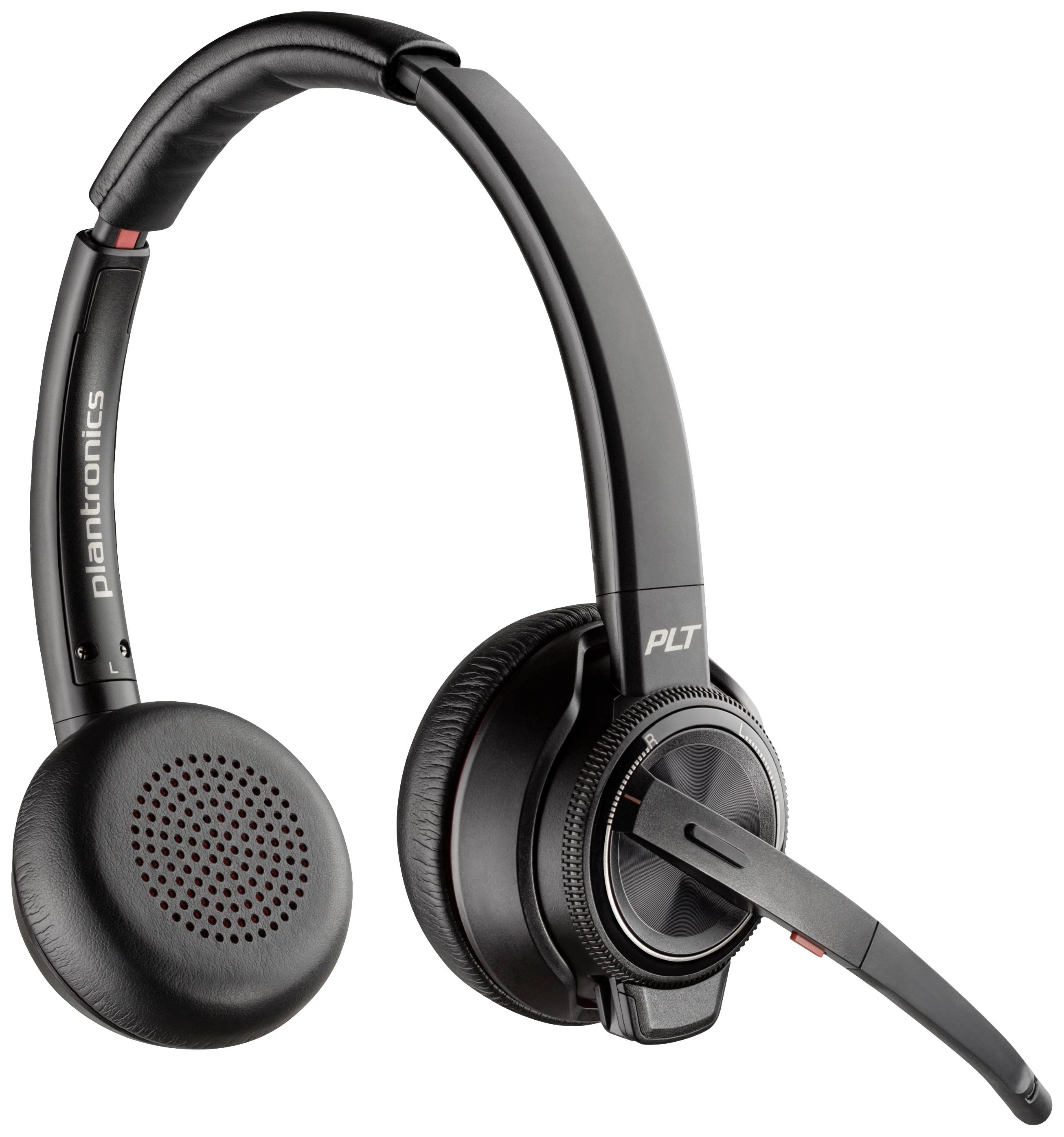 Cuffie wireless Plantronics nere con microfono, ideali per chiamate telefoniche e ascolto musicale.