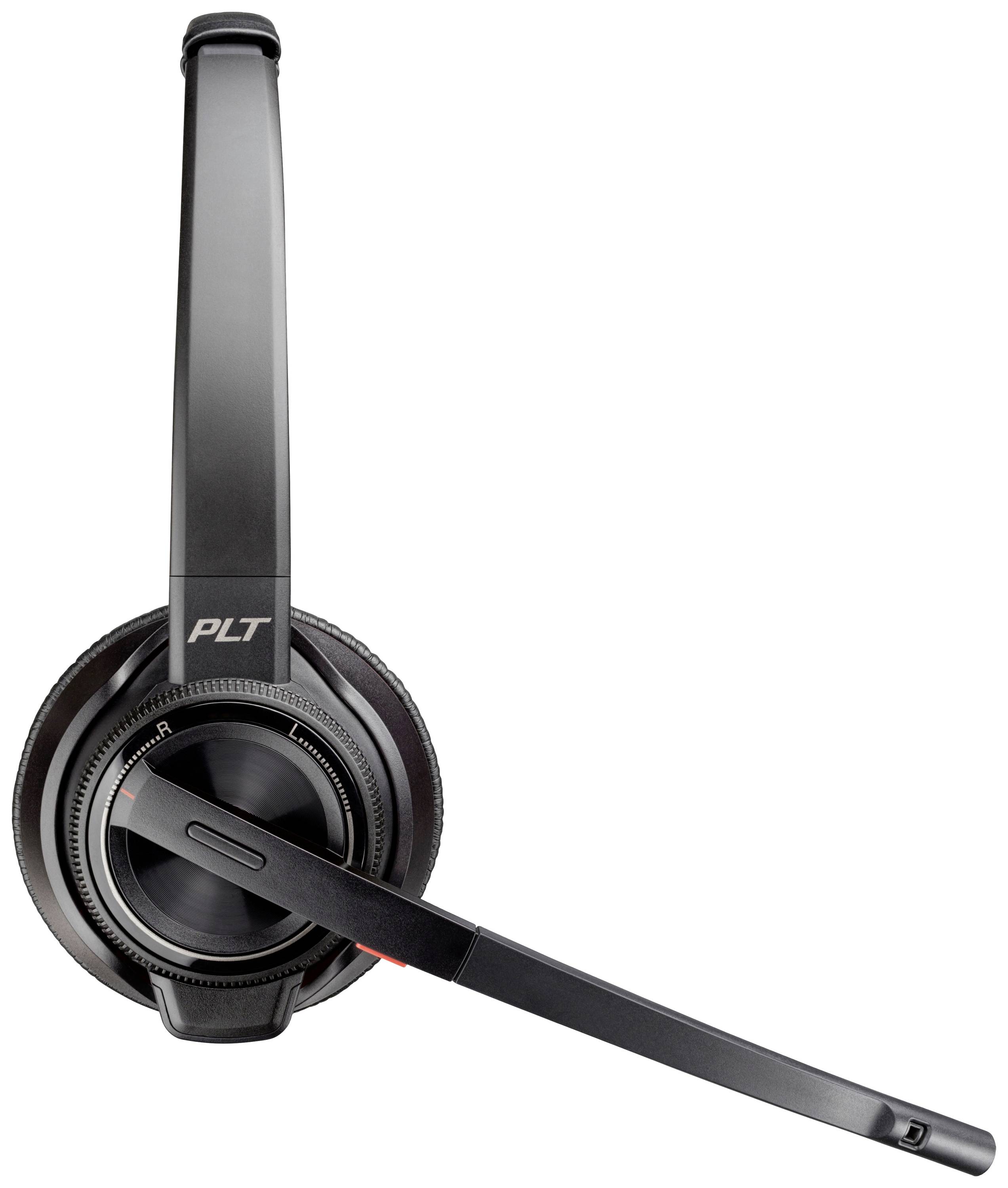 Cuffie wireless nere con braccio microfono, adatte per comunicazioni d'ufficio e chiamate, su sfondo bianco.