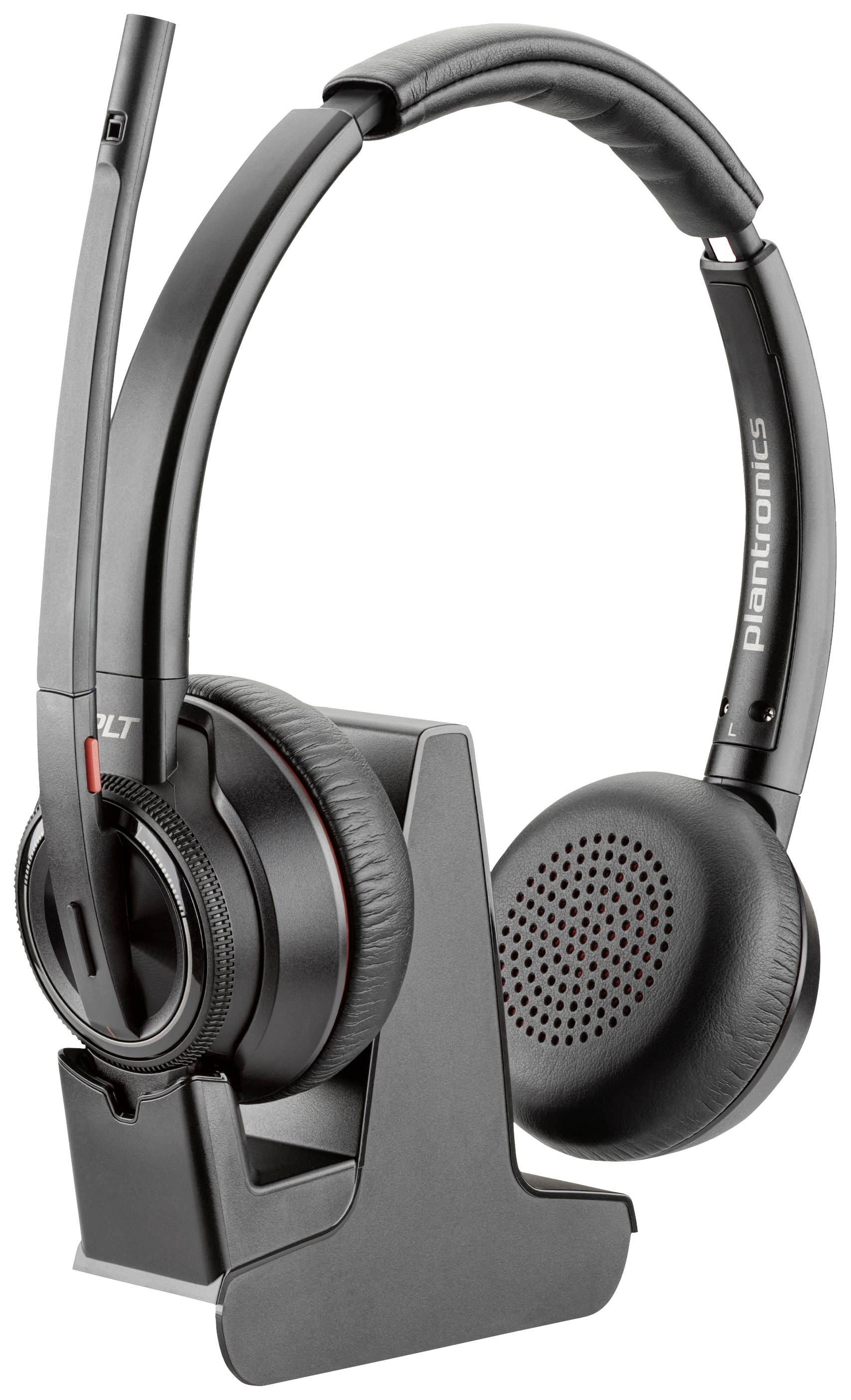Un auricolare nero Plantronics con microfono su una stazione di ricarica. Adatto per applicazioni da ufficio e telefonia.