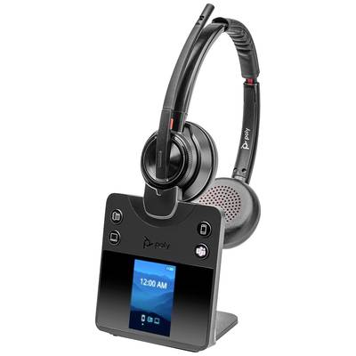 Un moderno headset wireless con display e comandi sulla stazione base, adatto per applicazioni in ufficio e comunicazione.