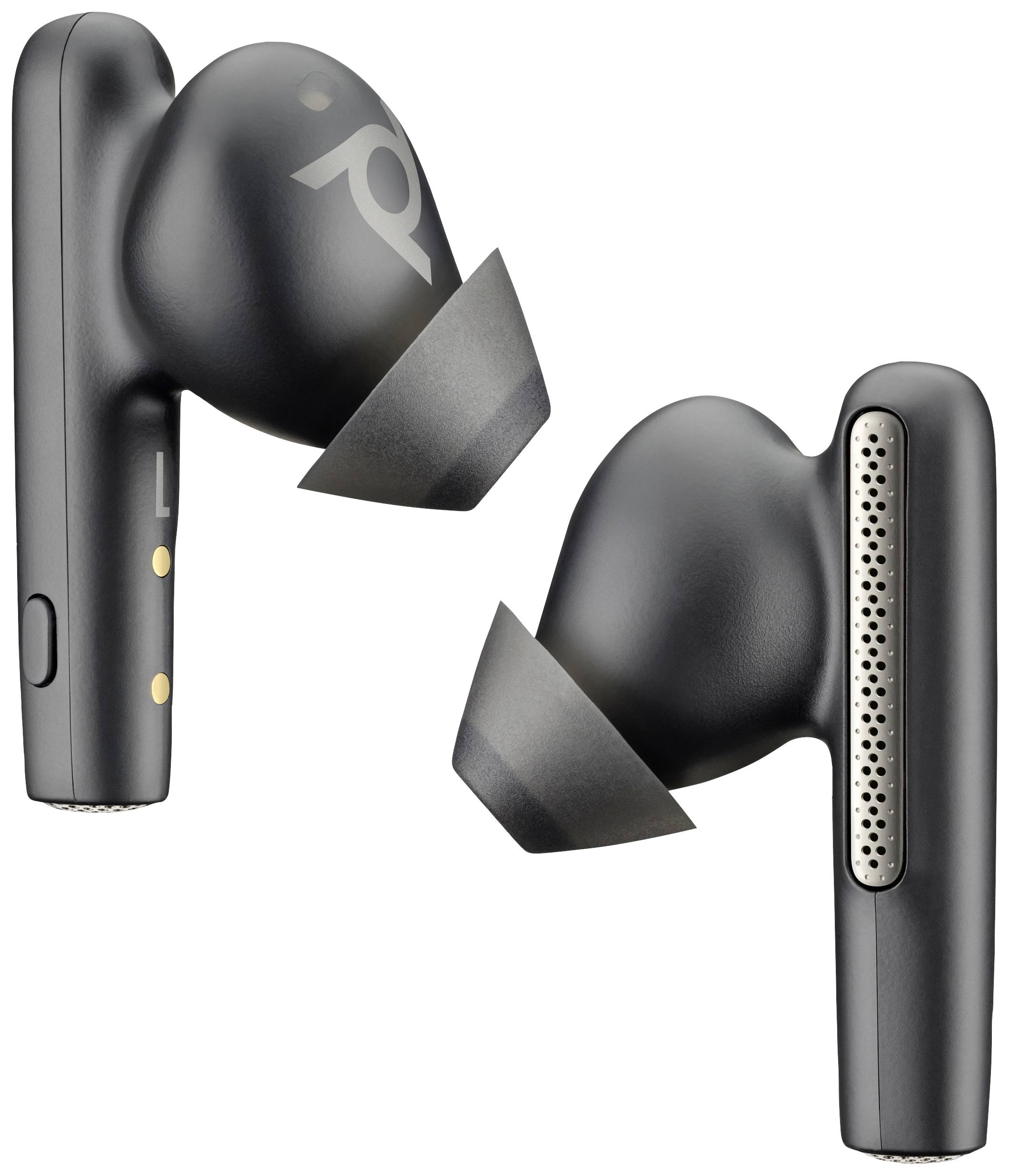Auricolari wireless neri dal design ergonomico. Entrambi gli auricolari hanno fori per microfoni e contatti dorati sul retro.