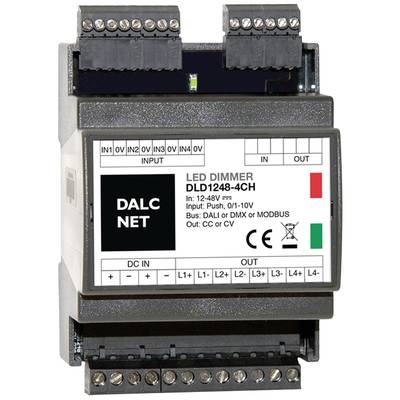 Un modulo dimmer LED a quattro canali, idoneo per DALI, DMX o MODBUS, per tensioni comprese tra 12-48V e ingressi 0/1-10V.