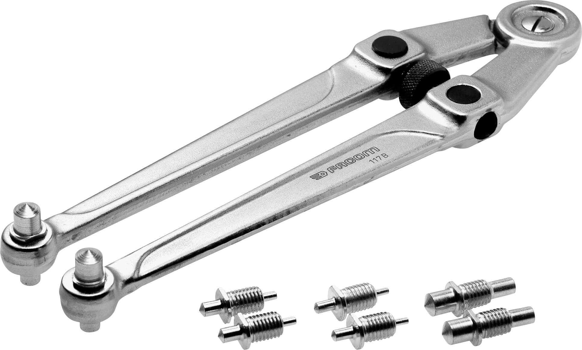 Un utensile in metallo argentato con due bracci e diverse punte intercambiabili. Si tratta di un estrattore esterno pesante.