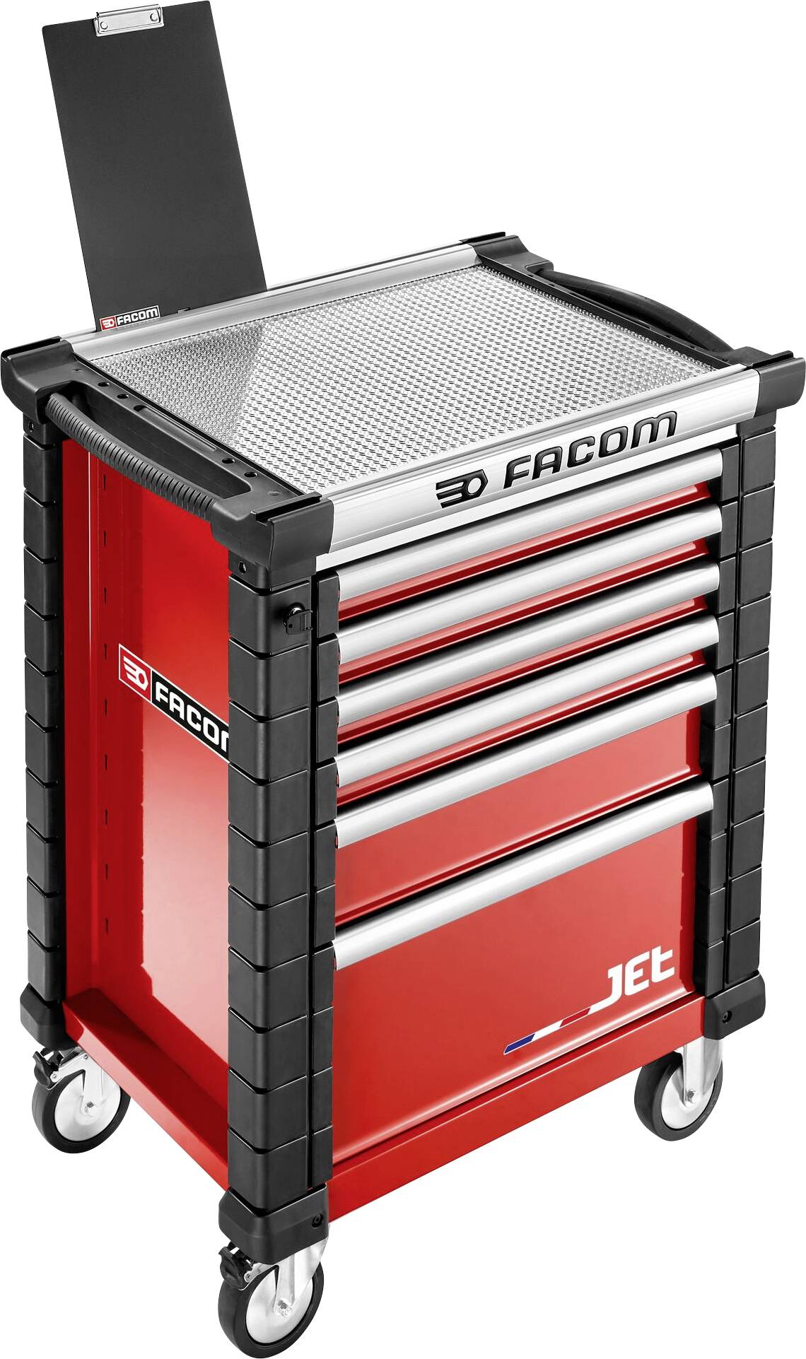 Carrello portautensili rosso con sei cassetti, due stretti e quattro larghi. In alto un piccolo coperchio per vano. Il carrello ha quattro ruote.