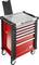 Carrello portautensili rosso con sei cassetti, due stretti e quattro larghi. In alto un piccolo coperchio per vano. Il carrello ha quattro ruote.