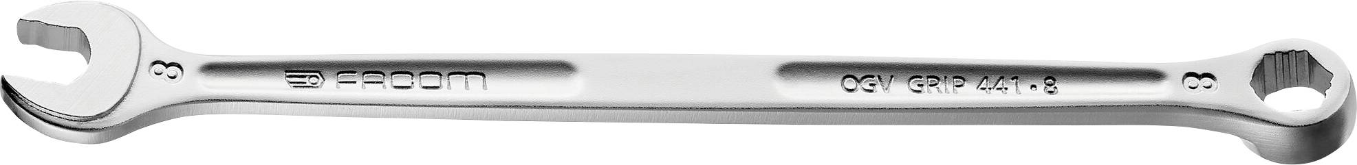 Una chiave inglese in argento con due teste diverse, a doppio uso. Sono incisi i marchi 'Facom' e 'Ogv Grip 446 8'.