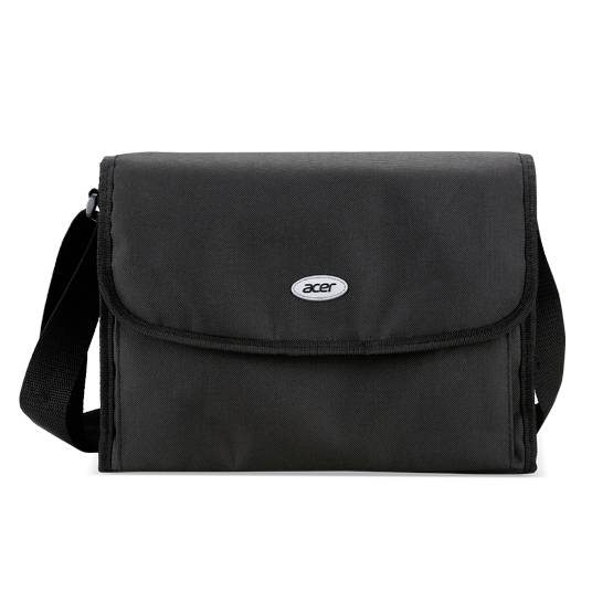 Una borsa a tracolla nera con il logo Acer sulla parte anteriore. Ha una cinghia regolabile per la spalla.