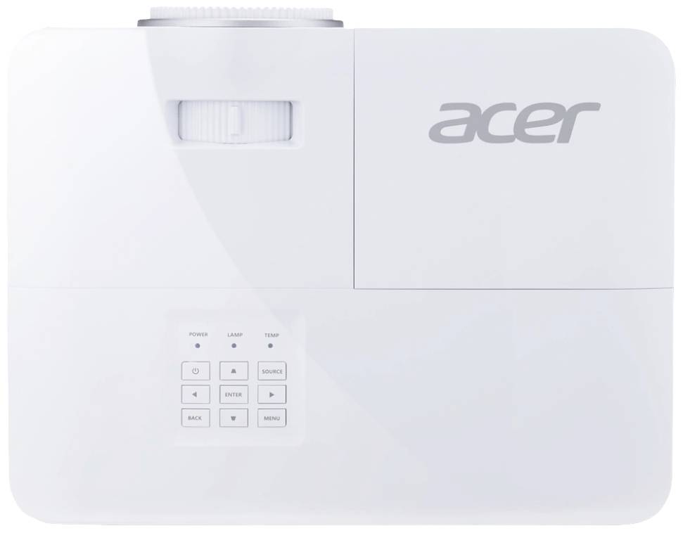 Un proiettore bianco Acer con tasti di controllo e il logo del marchio in alto a destra. Comprende funzioni come Accensione, Lampada, Temperatura e altre.