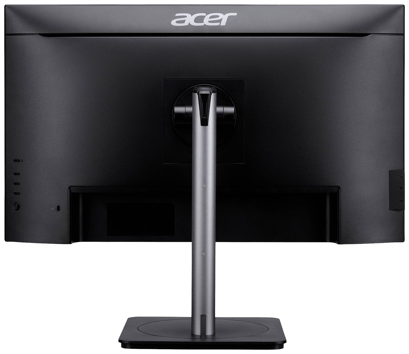 Un monitor nero Acer è visibile da dietro. L'attenzione è rivolta al design essenziale con base rettangolare.