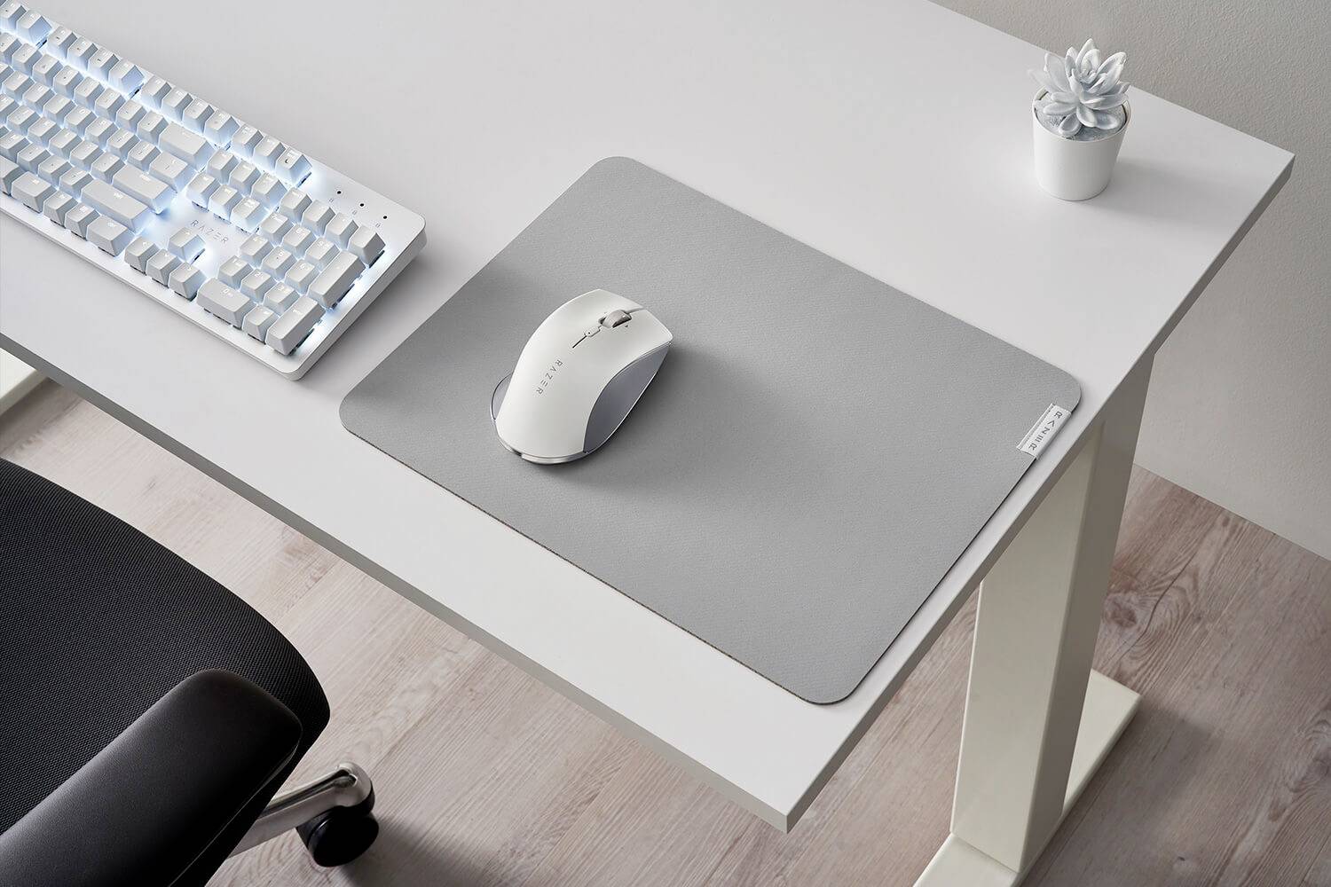 Una scrivania minimalista con una tastiera bianca, un mouse grigio su un tappetino per mouse grigio e una piccola pianta in un vaso bianco.