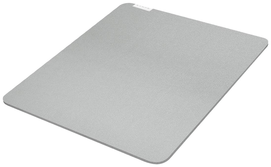 Tappetino per mouse grigio, rettangolare con angoli arrotondati su sfondo bianco.