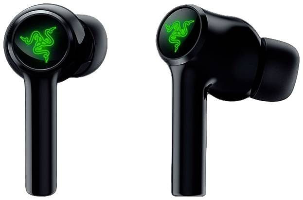 Auricolari wireless neri con logo verde sul retro. Sono progettati in modo moderno e compatto.