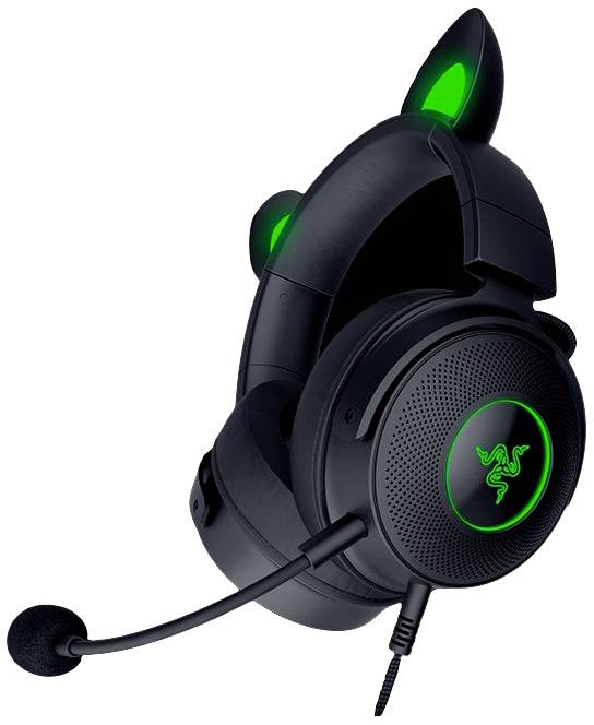 Cuffie da gaming nere con accenti verdi luminosi e braccio del microfono; logo del marchio visibile sui padiglioni auricolari.
