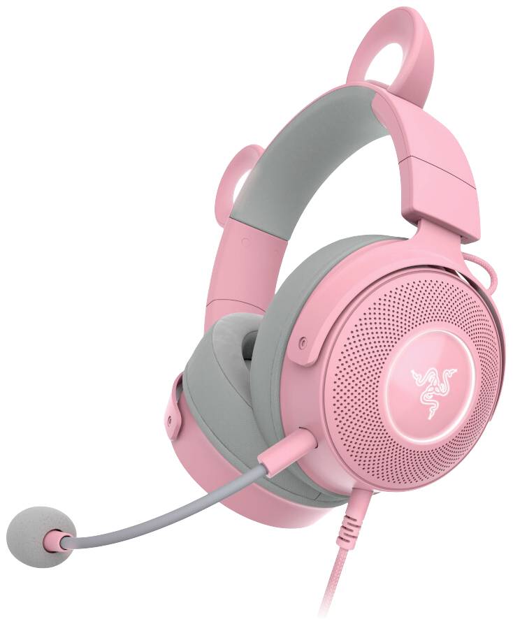 Cuffie da gaming Rosa con accenti grigi e microfono, logo del marchio sui padiglioni auricolari.