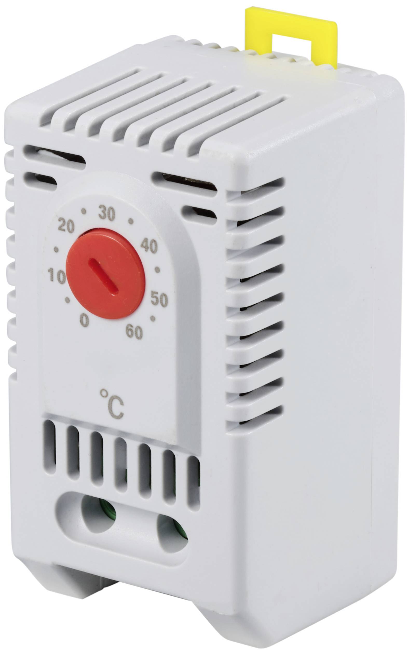 Regolatore di temperatura in bianco con manopola rossa di regolazione, che mostra una scala da 0 a 60 gradi Celsius.