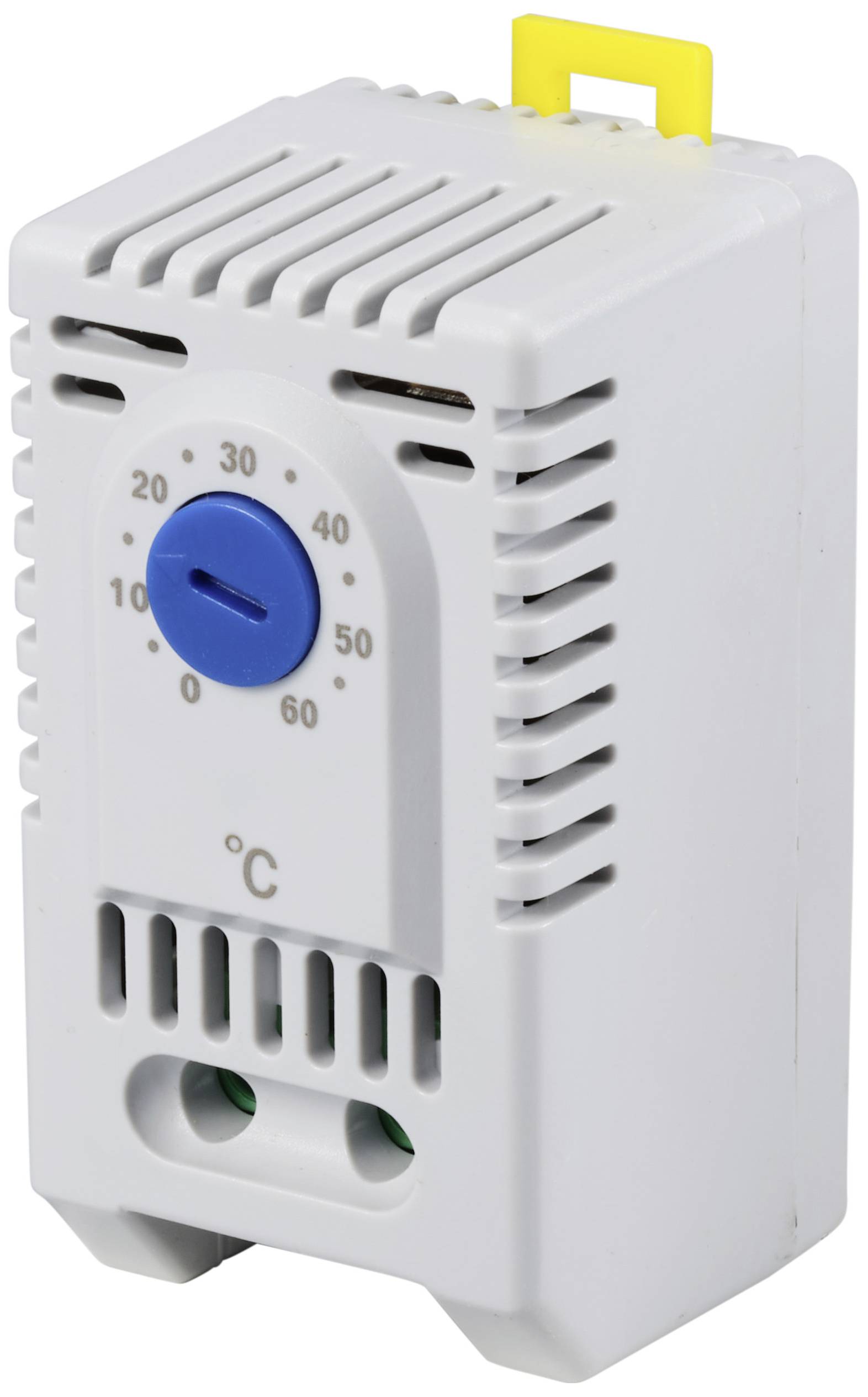 Involucro termostatico bianco, rettangolare, con una manopola di regolazione blu e un display della temperatura da 0 a 60 gradi Celsius.