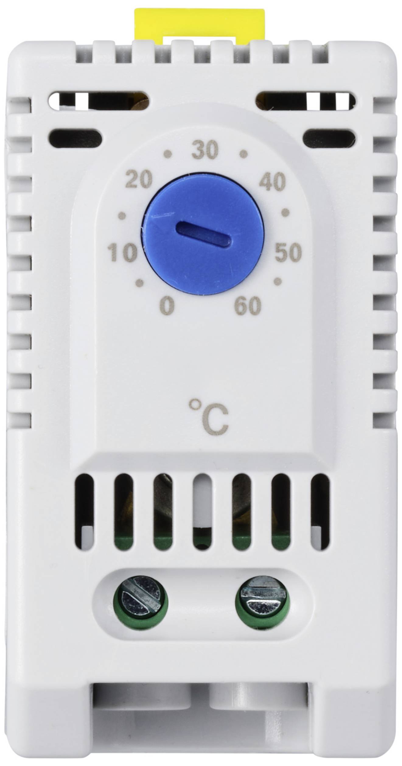 L'immagine mostra un termostato bianco con una manopola di regolazione blu, con scala delle temperature da 0 a 60 gradi Celsius.