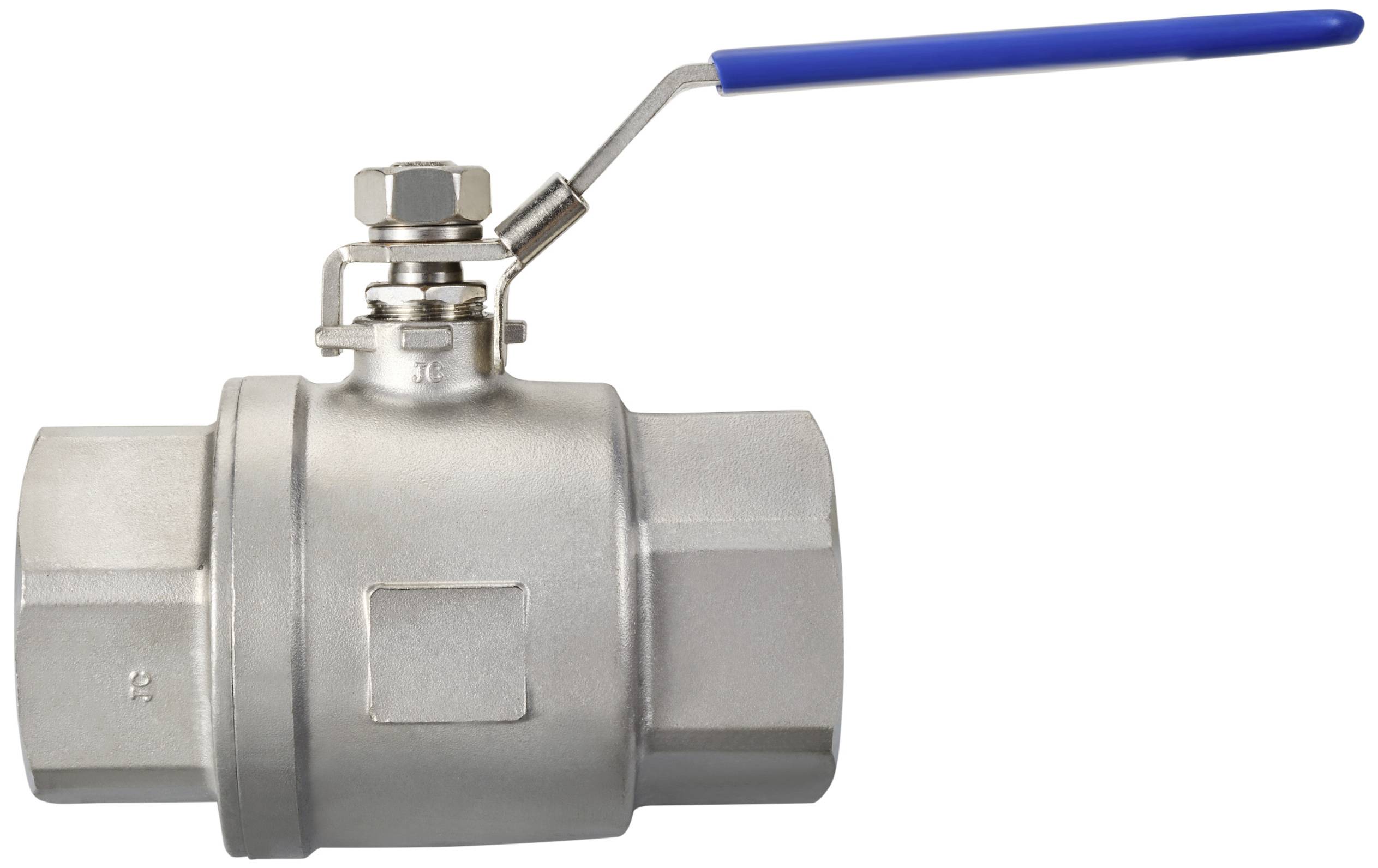 Valvola a sfera metallica con impugnatura blu, idonea per tubazioni per il controllo del flusso di liquidi.