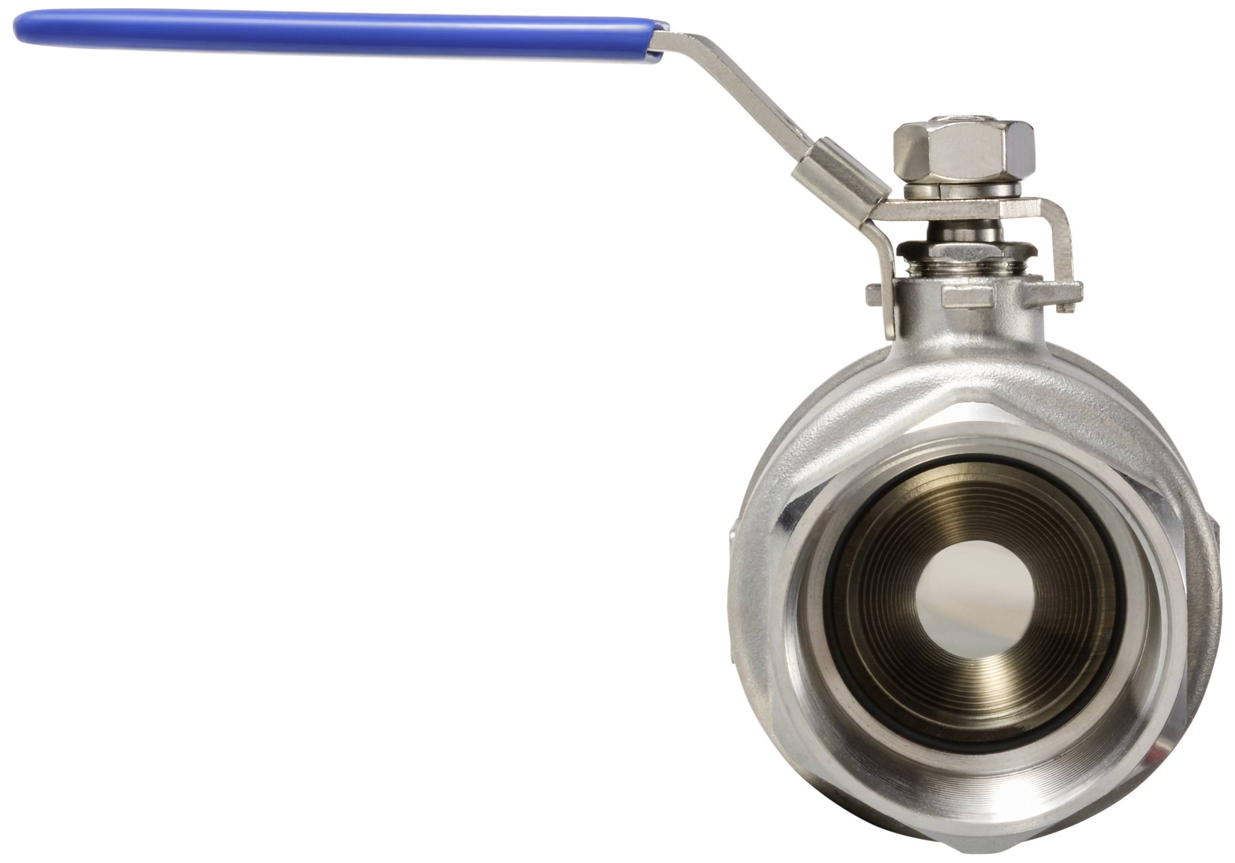 Un rubinetto a sfera in acciaio inossidabile con leva blu, visto frontalmente. La leva consente il controllo del flusso del liquido mediante rotazione della sfera.
