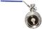 Un rubinetto a sfera in acciaio inossidabile con leva blu, visto frontalmente. La leva consente il controllo del flusso del liquido mediante rotazione della sfera.