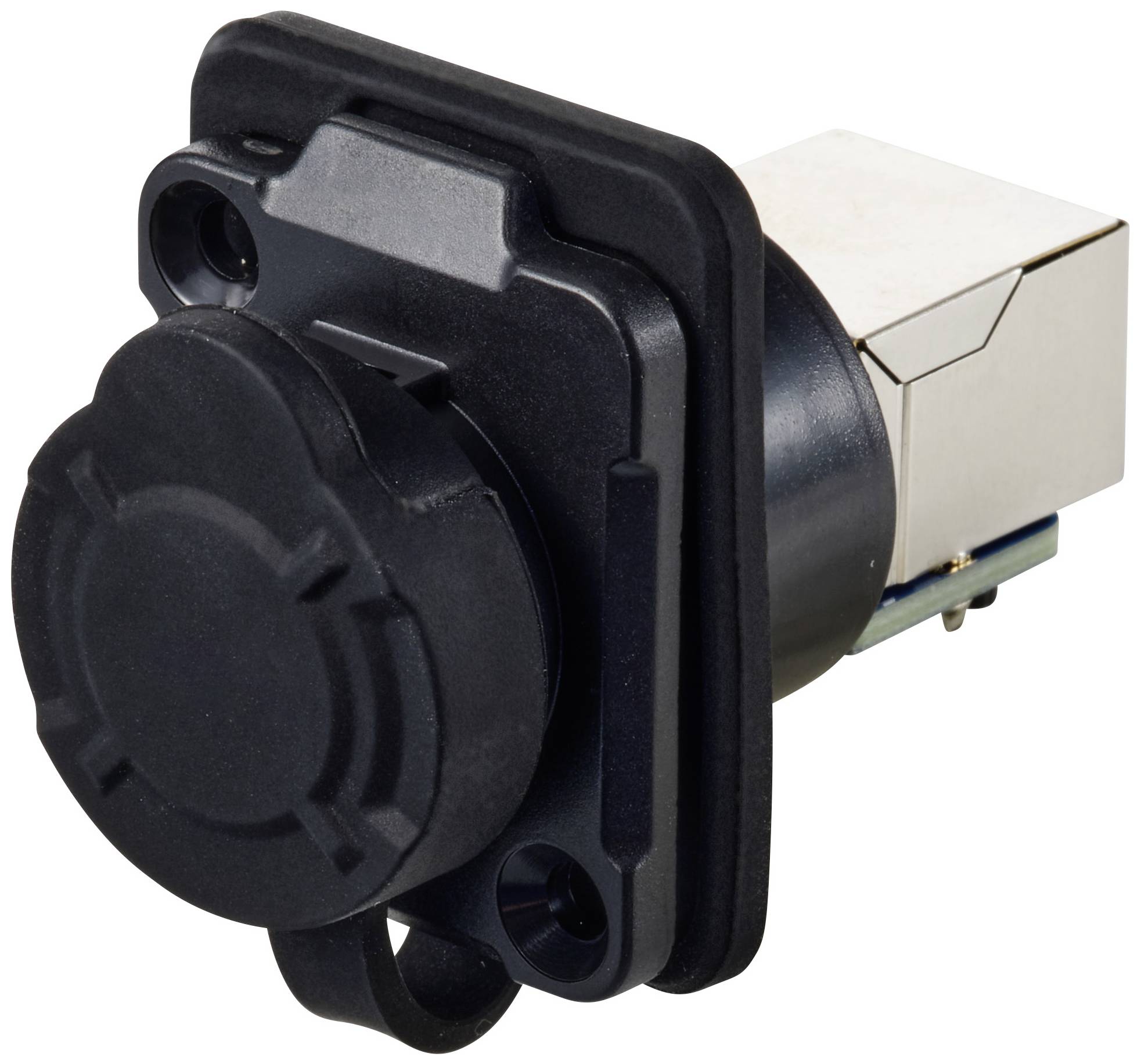 Un adattatore rettangolare in plastica e metallo con cappuccio nero. Utilizzo tipico per connessioni elettroniche.