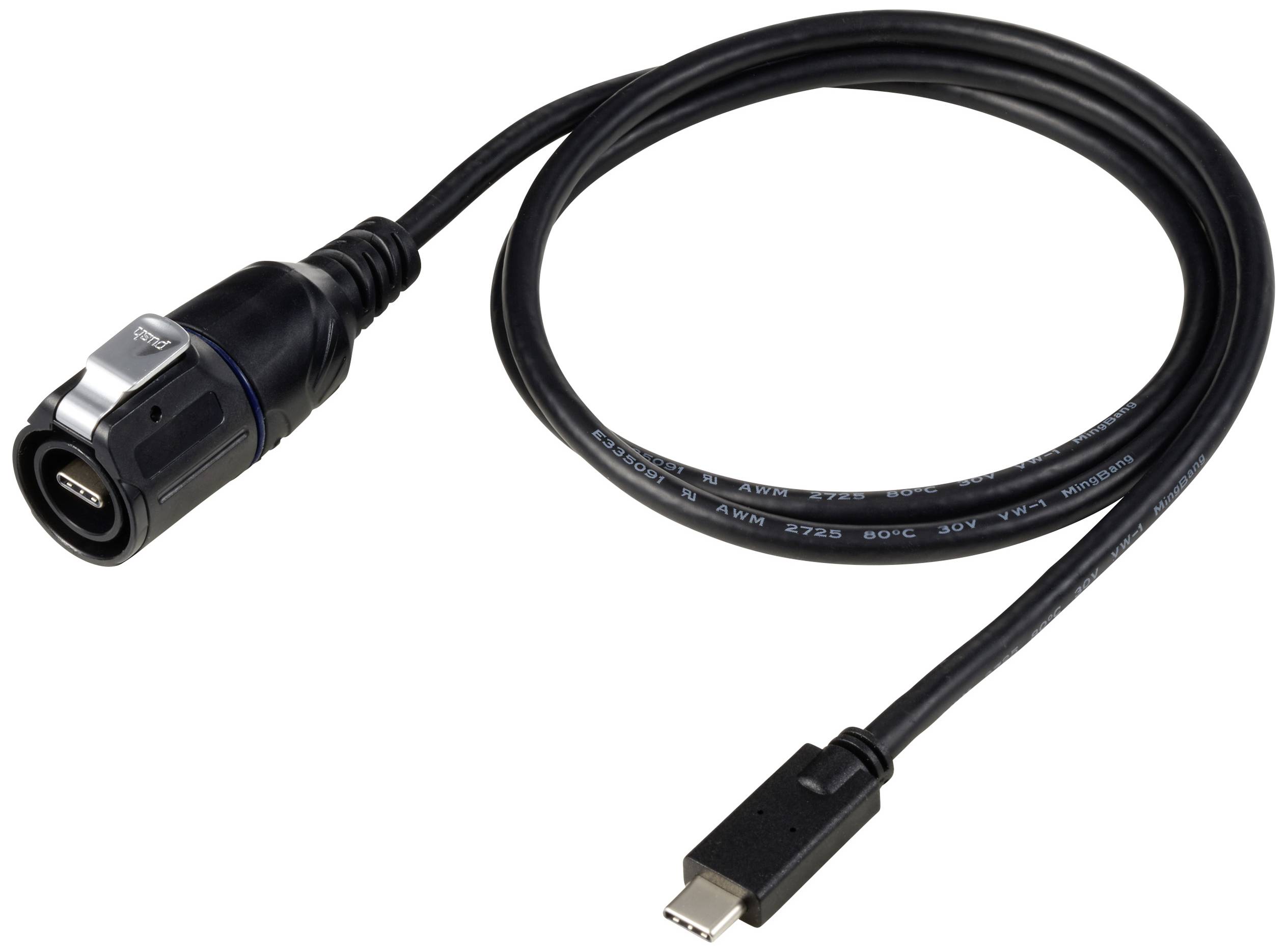 'Un cavo USB-C con un robusto connettore combinato in carbonio e un connettore tradizionale all'altra estremità.'